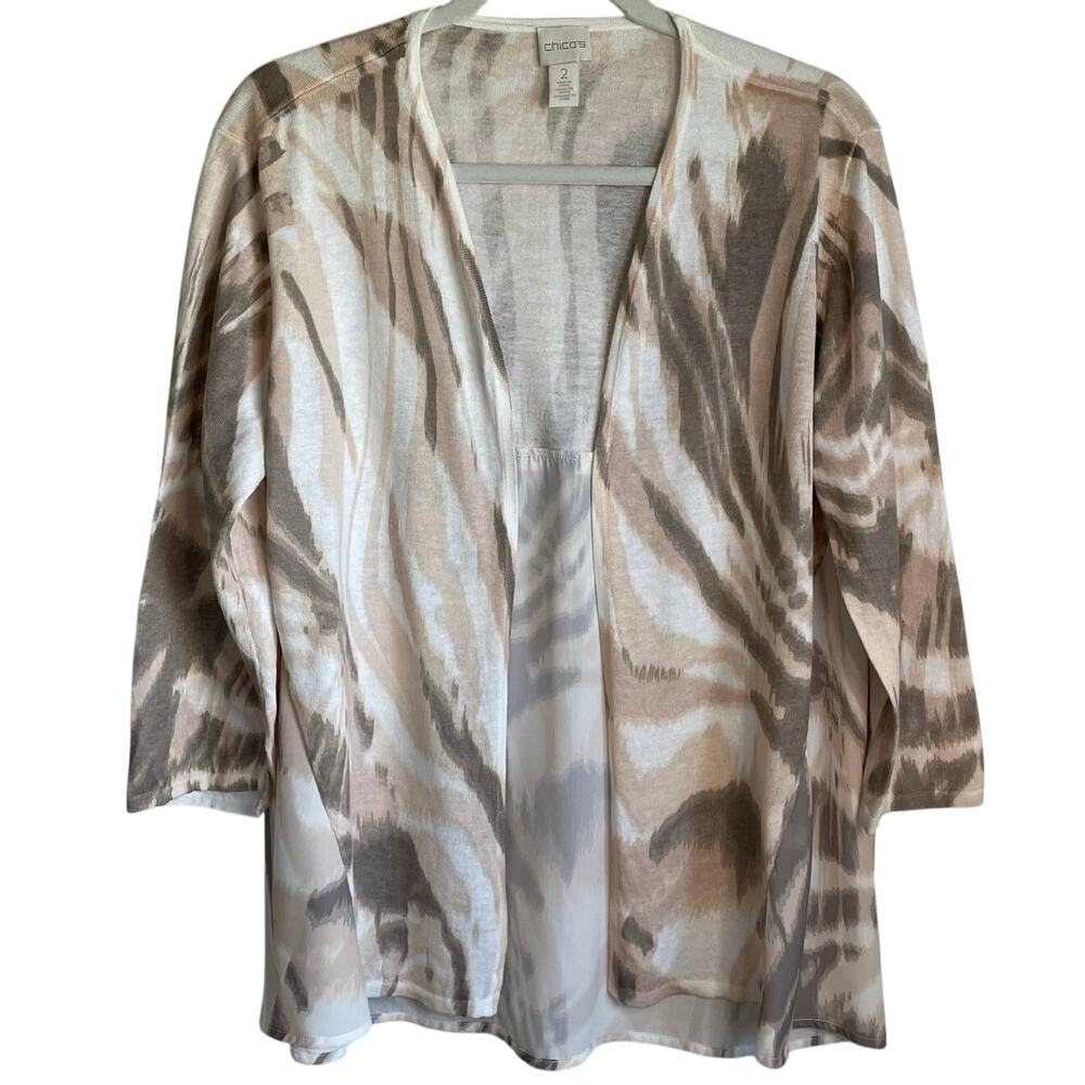 Chico’s Open Front Cardigan Topper Sz L Lightweight Mixed Media Gray Beige Cream
